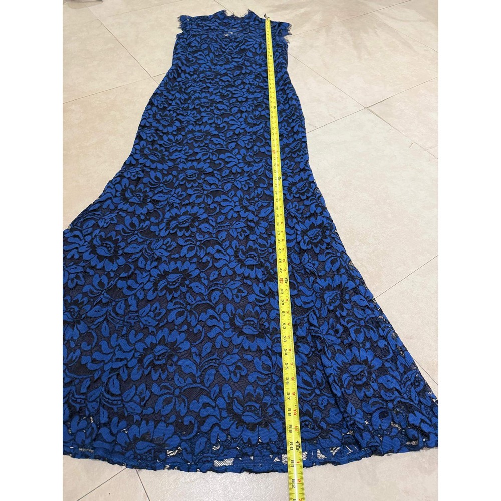 Eliza J Blue Black Floral Lace Gown Dress Size 12 Mock Neck Open Back Formal - Picture 6 of 8